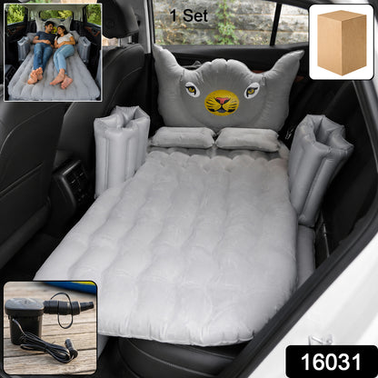 Wukusy car air mattress bed set with inflatable pillow, cushions, and air pump shown fully inflated on a vehicle interior.