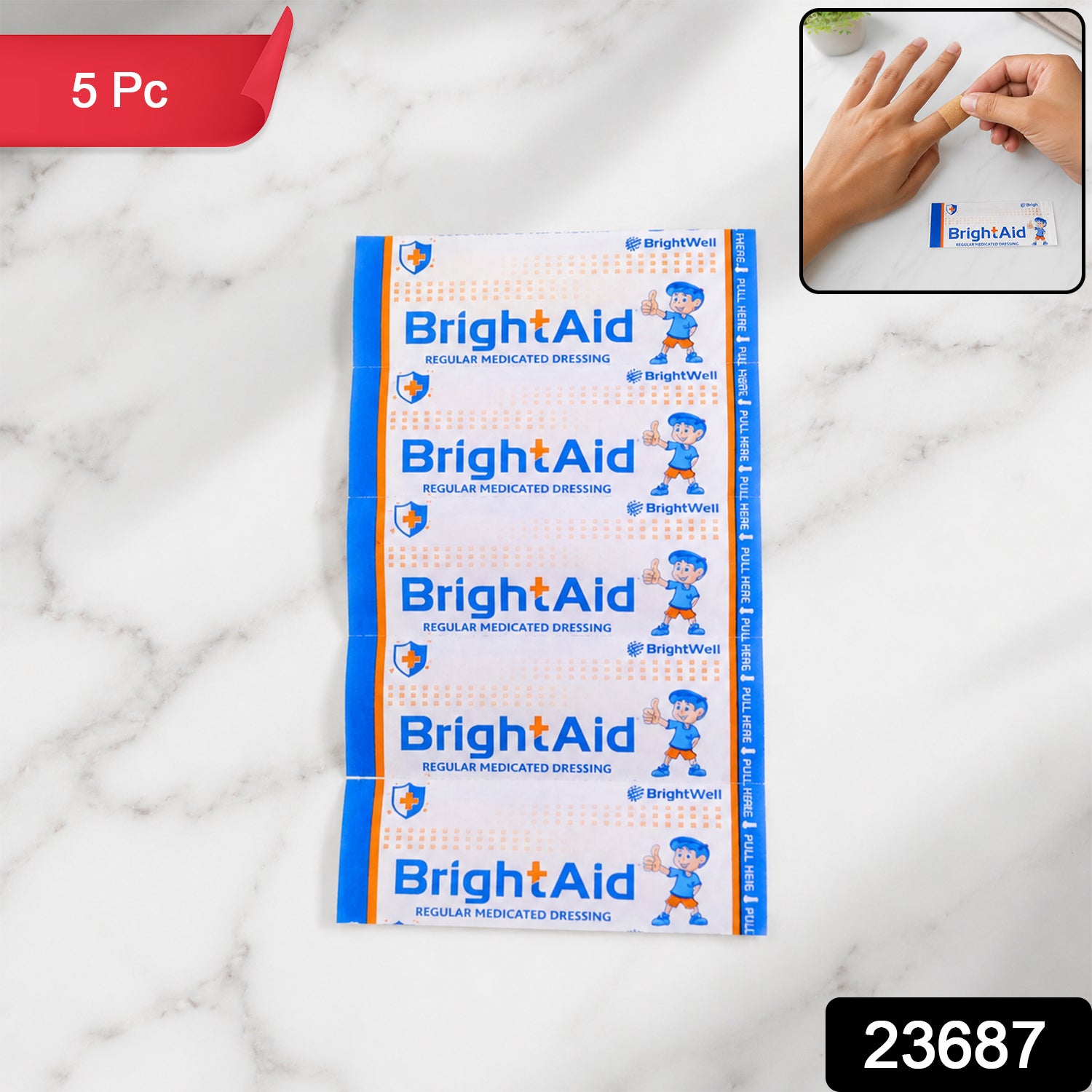 Wukusy Brightaid regular adhesive bandages for cuts and wounds, 5-pack, showing sterile bandages with skin-tone adhesive edges