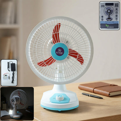 Wukusy Omega 12V rechargeable table fan with LED light, compact and portable fan with adjustable tilt and illuminated top.