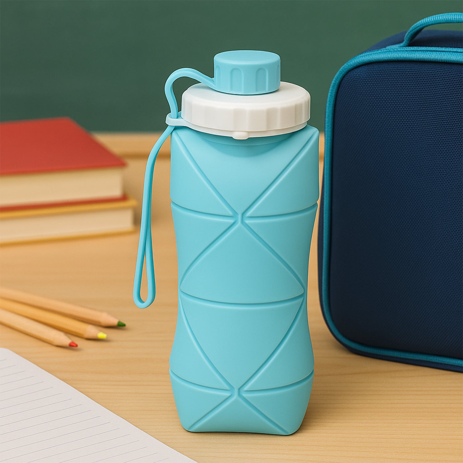 Wukusy 600ml collapsible silicone water bottle for travel, sports, gym, and office, shown in a compact, flexible design.