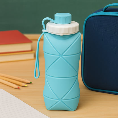 Wukusy 600ml collapsible silicone water bottle for travel, sports, gym, and office, shown in a compact, flexible design.
