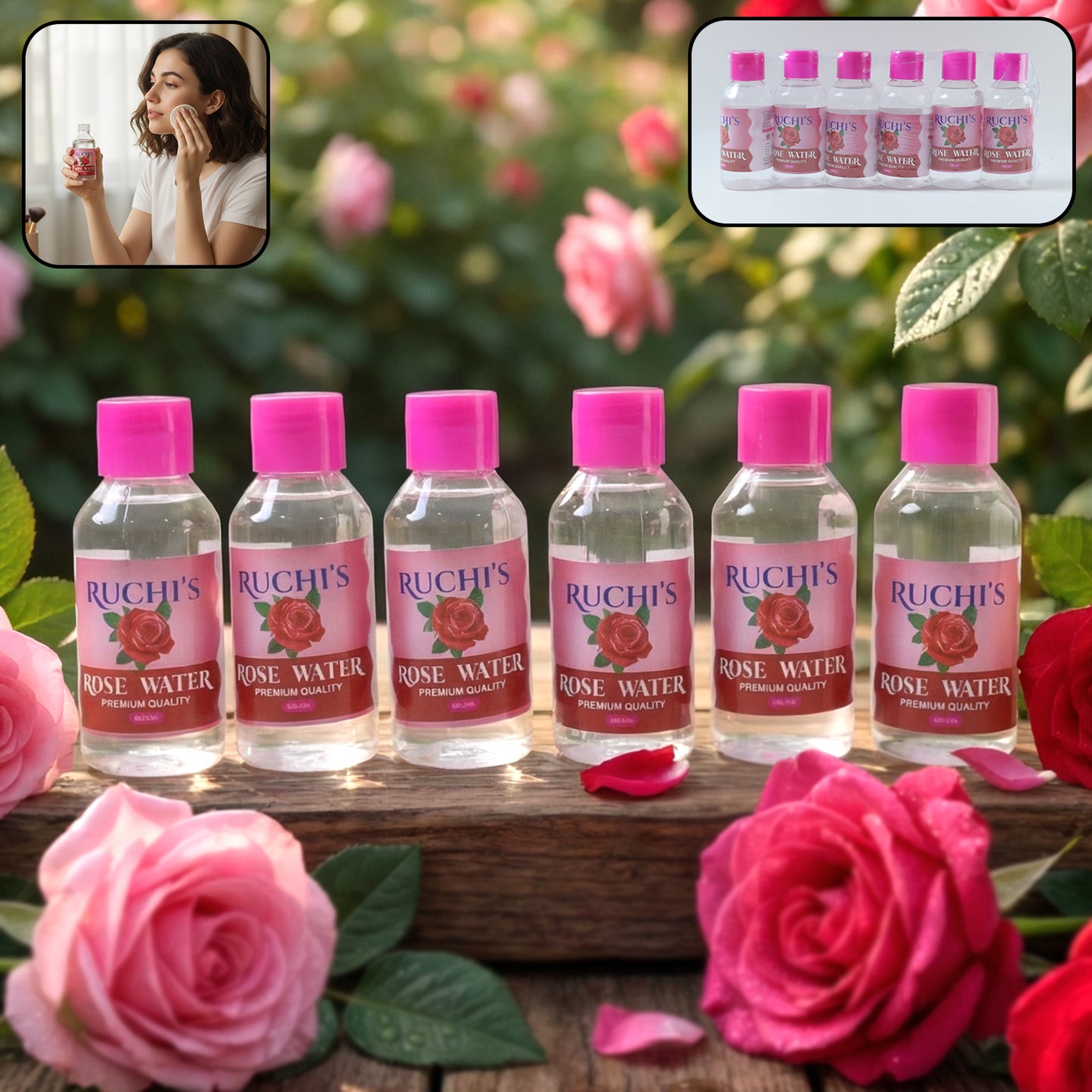 Six bottles of Wukusy Premium Rose Water Face Cleanser, 100ml each, arranged in a display with rose-themed packaging.