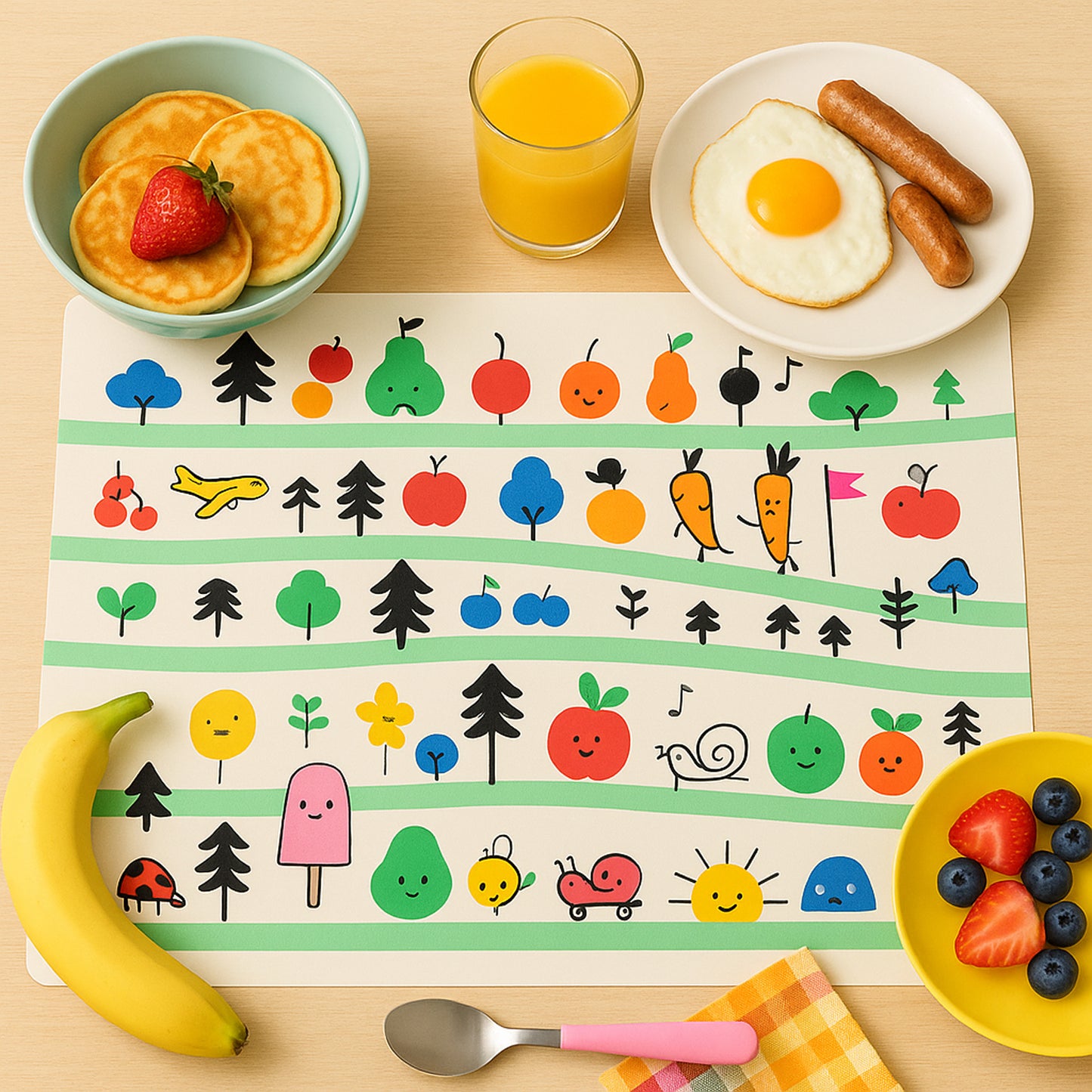 Colorful cartoon printed dining table placemats for kids, set of 4, featuring vibrant fun designs, made by Wukusy for home and kitchen use.