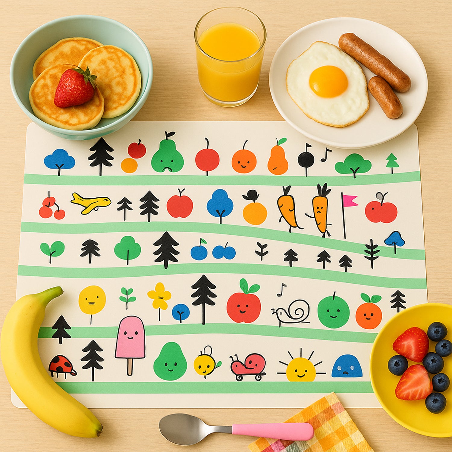 Colorful cartoon printed dining table placemats for kids, set of 4, featuring vibrant fun designs, made by Wukusy for home and kitchen use.