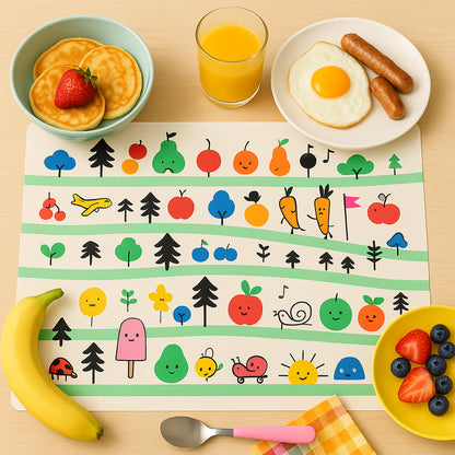 Colorful cartoon printed dining table placemats for kids, set of 4, featuring vibrant fun designs, made by Wukusy for home and kitchen use.