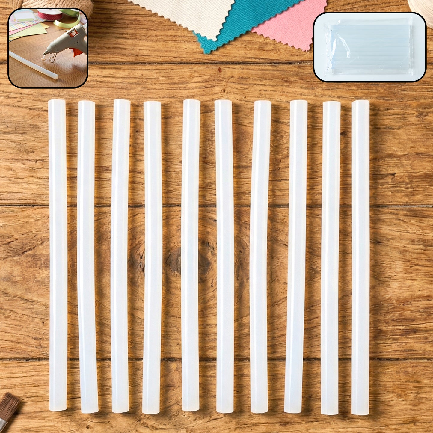 Set of 10 Wukusy hot glue sticks, 20 cm long, strong adhesive for crafts, arranged in a row on a plain background.