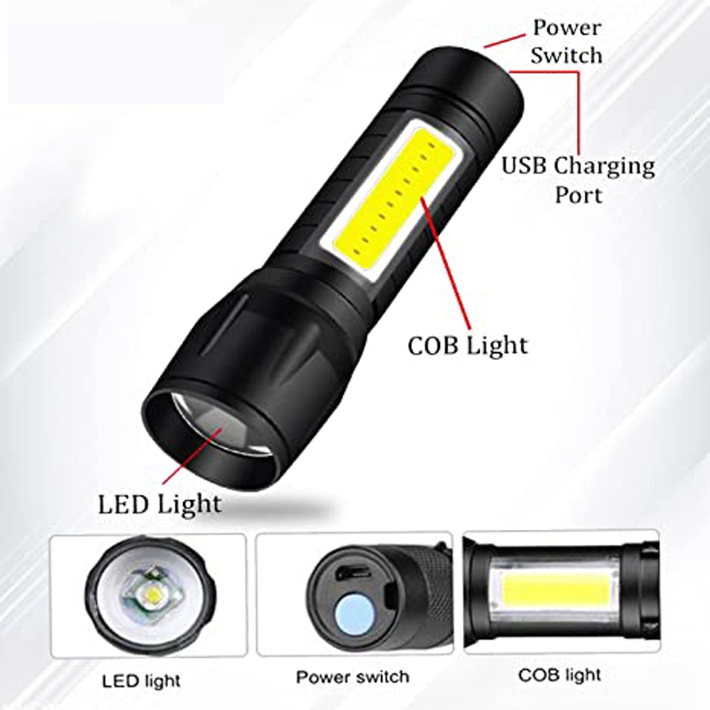 Wukusy 7528 Mini Search Rechargeable LED flashlight with long-range beam, emergency light, compact home improvement torch.