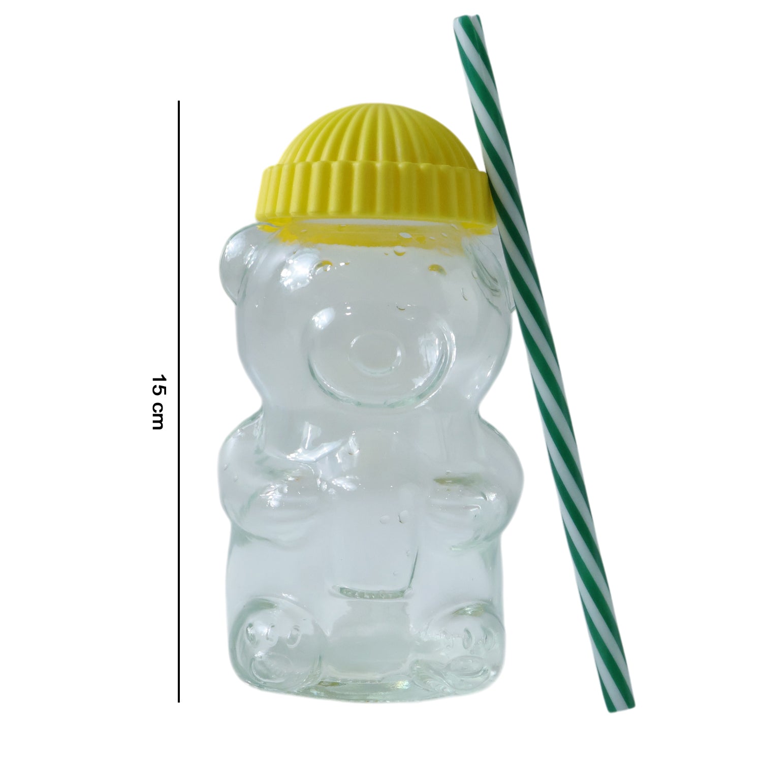 Cute glass bear-shaped kids drinking cup with straw, featuring a 350 ml capacity, by Wukusy.
