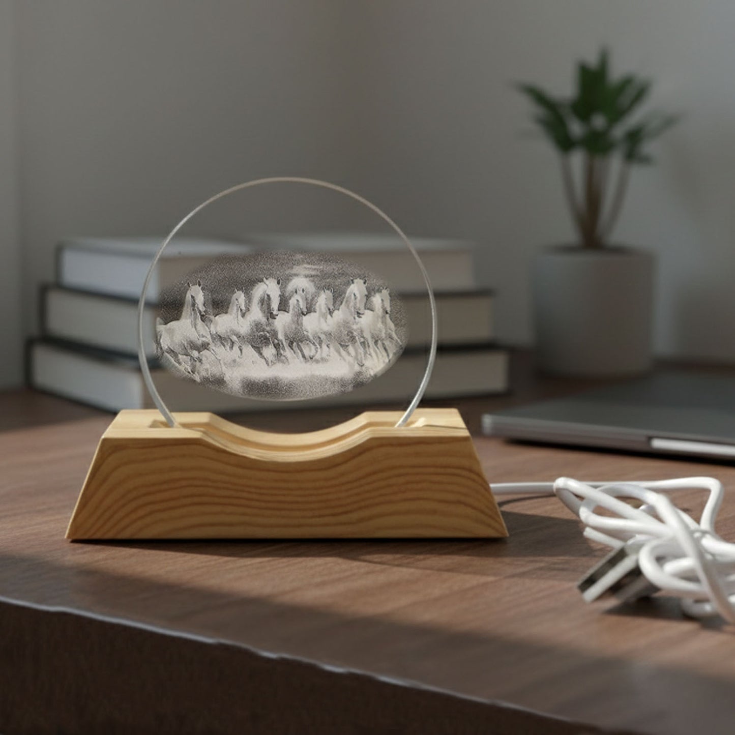 Wukusy 3D Crystal LED Table Lamp showing a detailed geometric design illuminated on a sleek table surface
