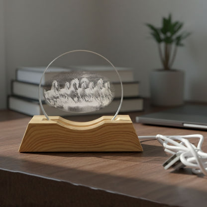 Wukusy 3D Crystal LED Table Lamp showing a detailed geometric design illuminated on a sleek table surface