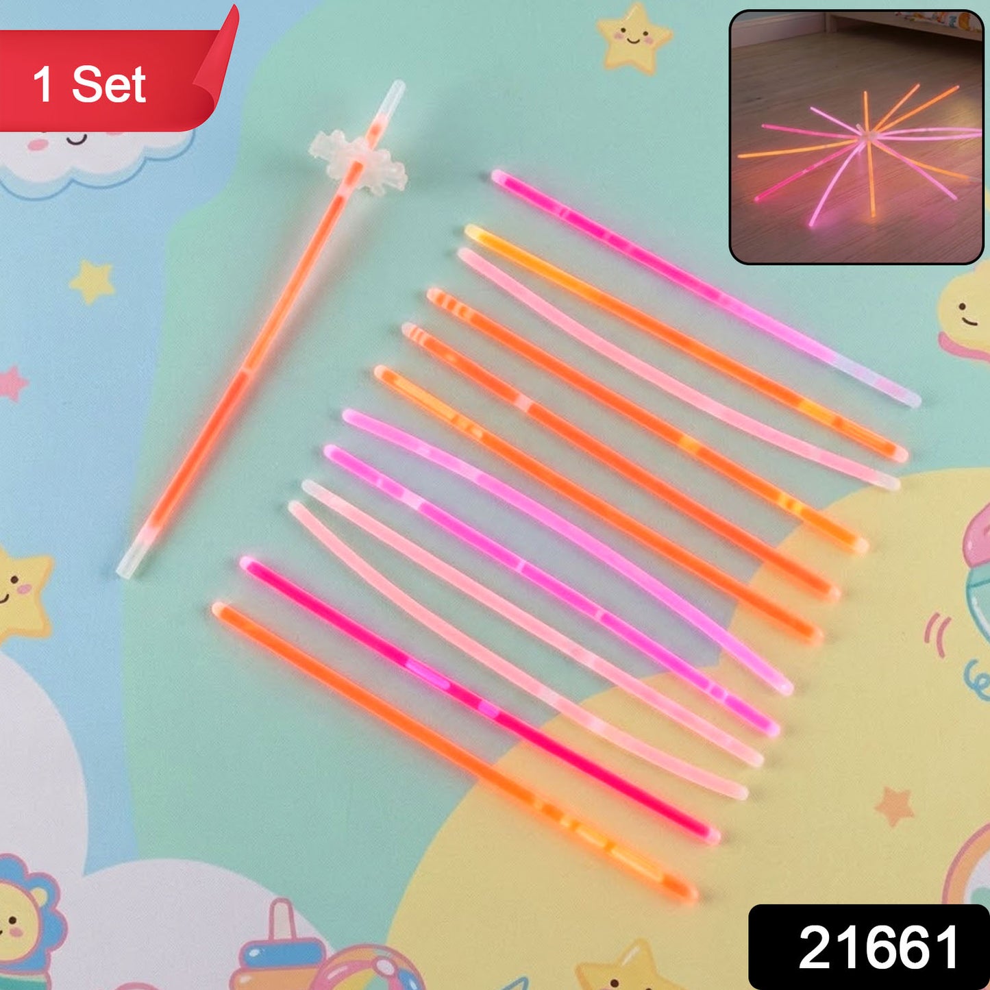 Wukusy Dark Glow Chakdol toy set with 13 glowing sticks arranged in a vibrant, illuminated display for playful entertainment
