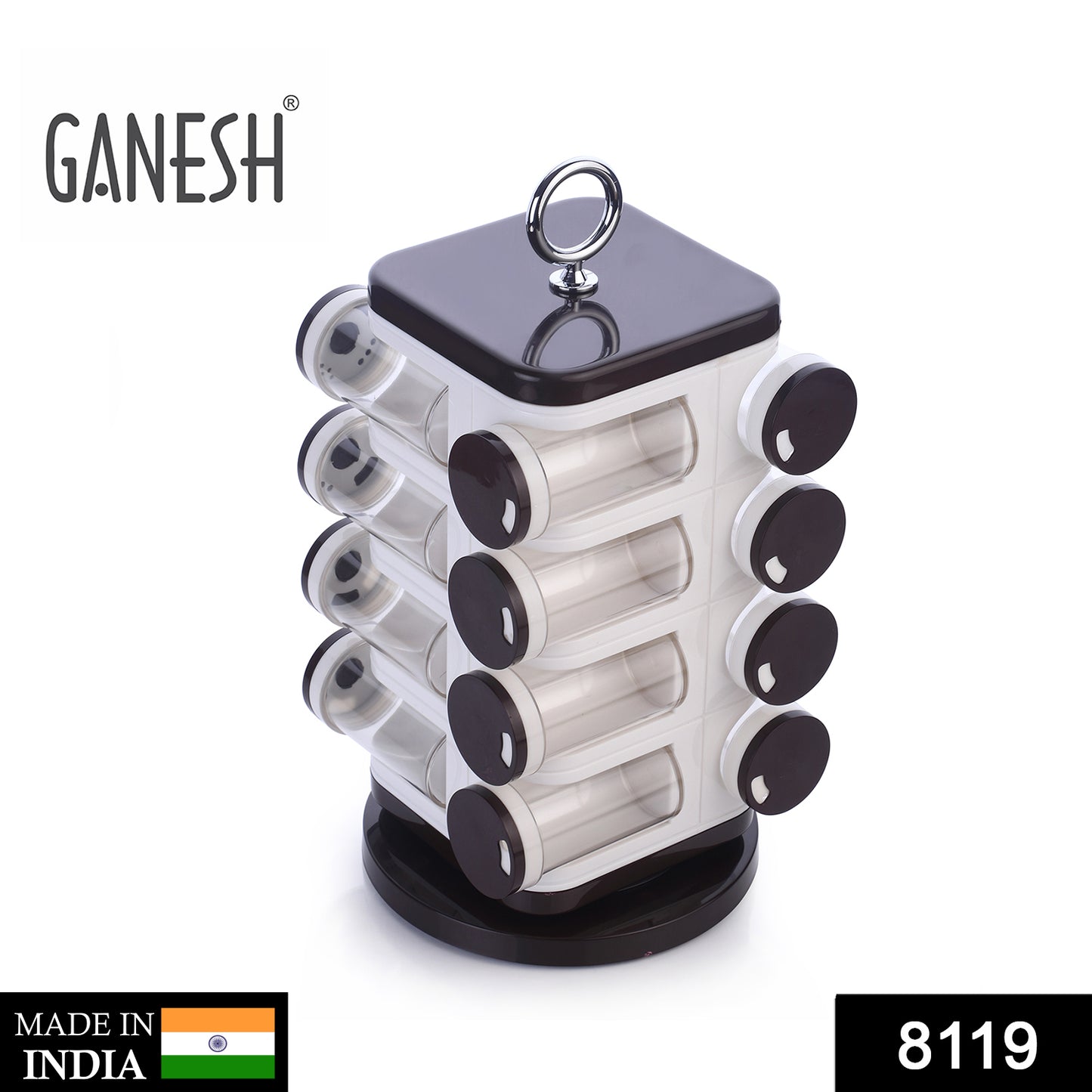 Wukusy Ganesh revolving spice rack with 16 plastic spice dispensers, each 100ml, for home kitchen organization and spice storage.