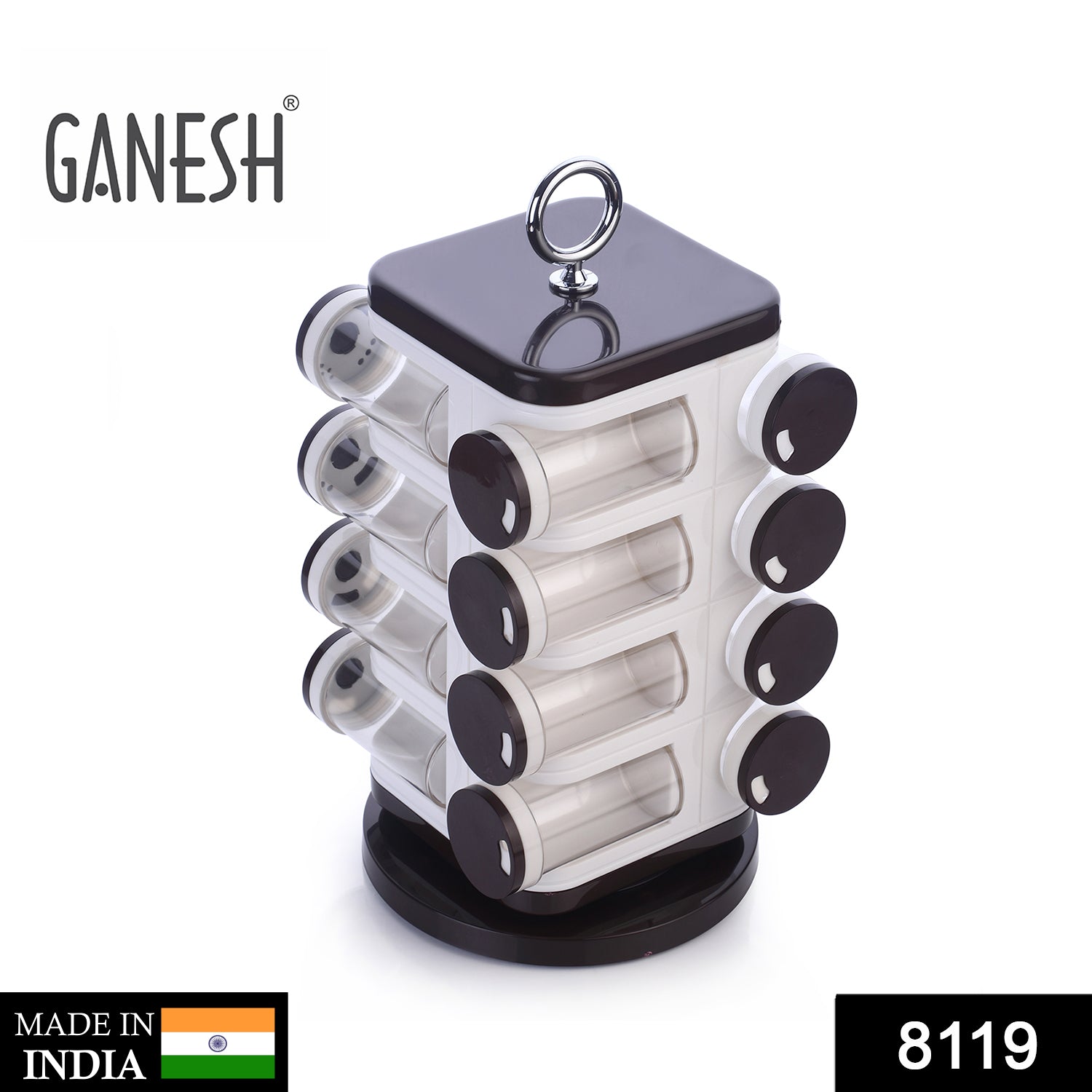Wukusy Ganesh revolving spice rack with 16 plastic spice dispensers, each 100ml, for home kitchen organization and spice storage.
