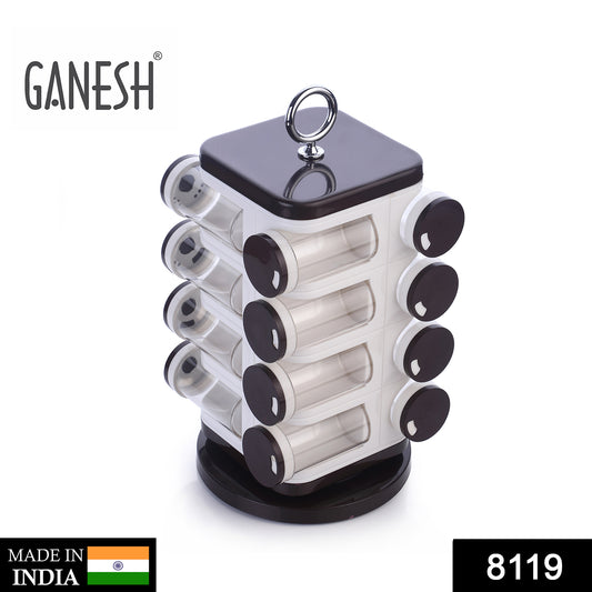 Wukusy Ganesh revolving spice rack with 16 plastic spice dispensers, each 100ml, for home kitchen organization and spice storage.