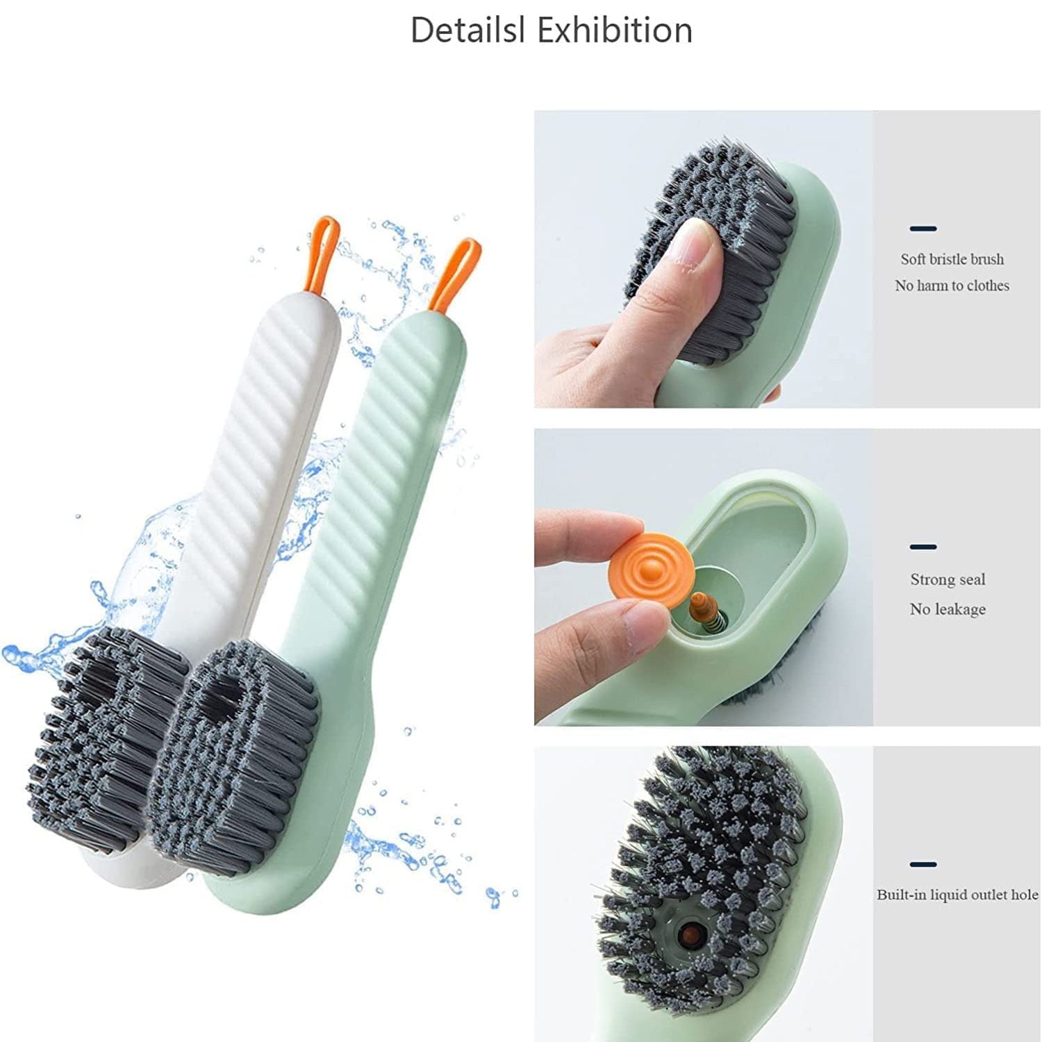 Wukusy multifunctional scrubbing brush with liquid soap dispenser, handle, and shoe cleaning brush for household cleaning tasks.