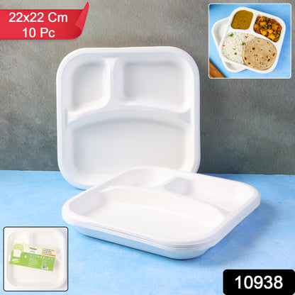Wukusy compostable bagasse 3-compartment square meal plate for home and kitchen use, featuring three sections for food separation.