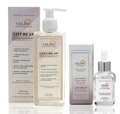 Ekom Nourix Lift Me Up serum and face wash combo, all beauty skincare products with vibrant packaging and clear branding.