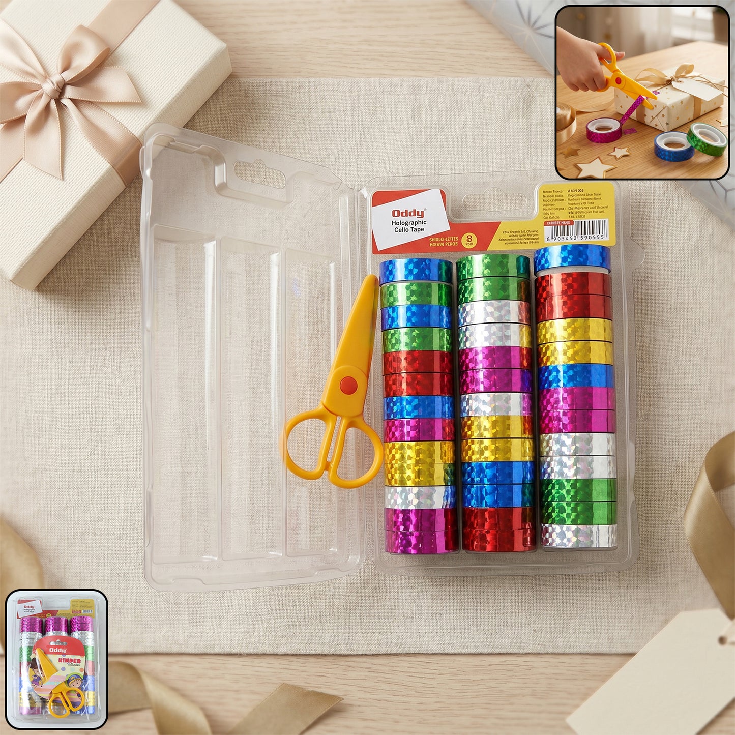 Wukusy holographic decorative tape set with 39 colorful rolls and a pair of scissors, ideal for craft and gift wrapping projects.