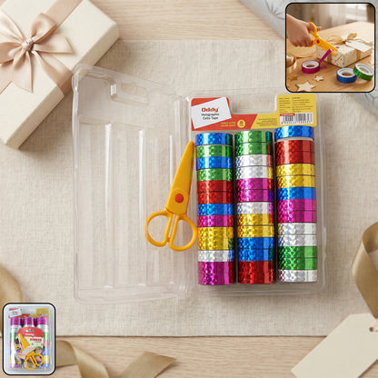 Wukusy holographic decorative tape set with 39 colorful rolls and a pair of scissors, ideal for craft and gift wrapping projects.