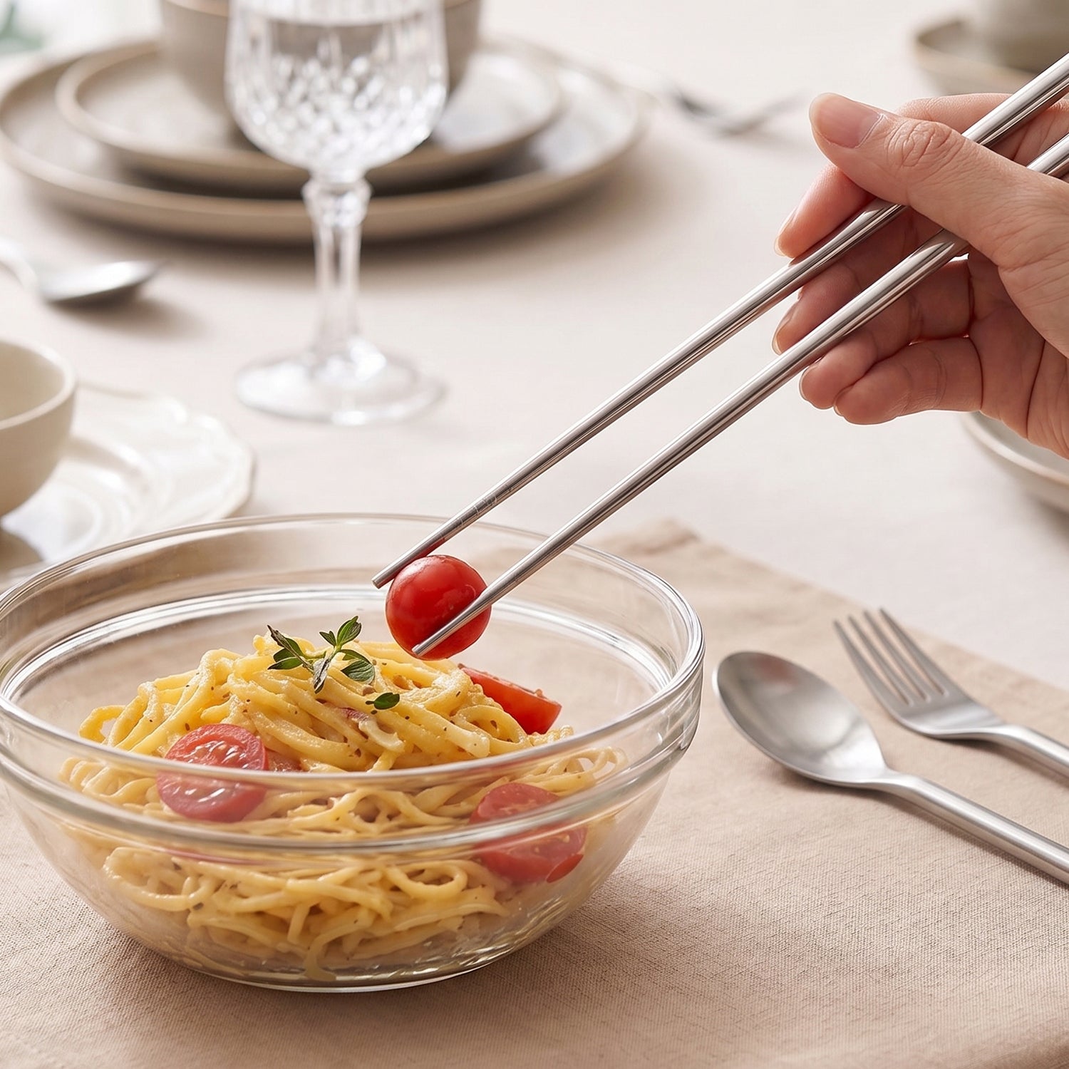 Wukusy 4-in-1 portable cutlery set with steel spoon, fork, and chopsticks in a compact pouch for travel and outdoor use.