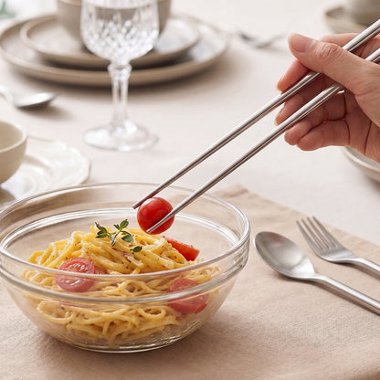 Wukusy 4-in-1 portable cutlery set with steel spoon, fork, and chopsticks in a compact pouch for travel and outdoor use.