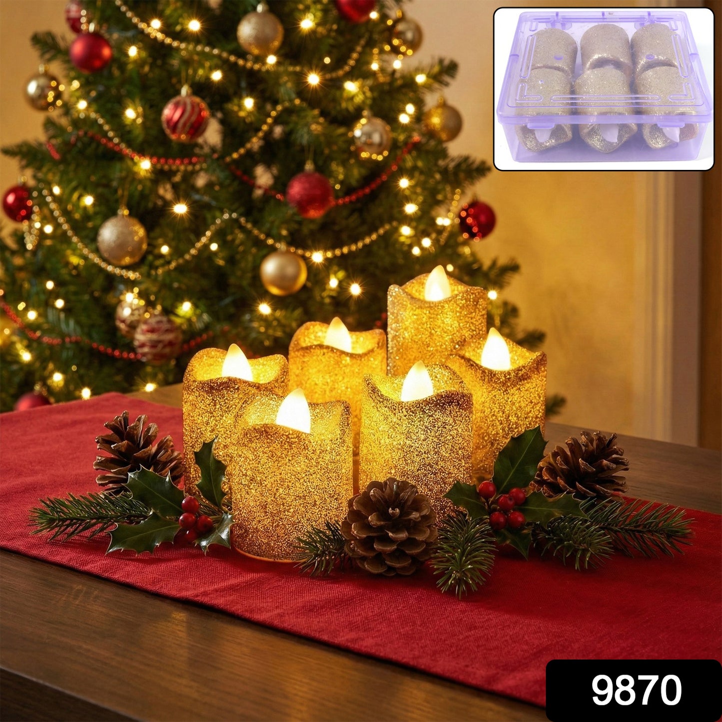 Set of 6 Wukusy Christmas glitter LED tealight candles for home decor, featuring shimmering festive designs and warm light.