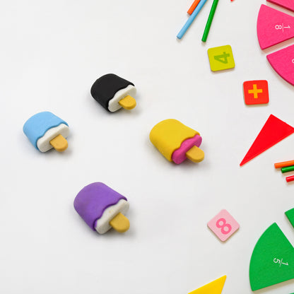Set of four Wukusy ice cream-themed erasers and pencils for kids, featuring doughnut, lollipop, and ice cream shapes.