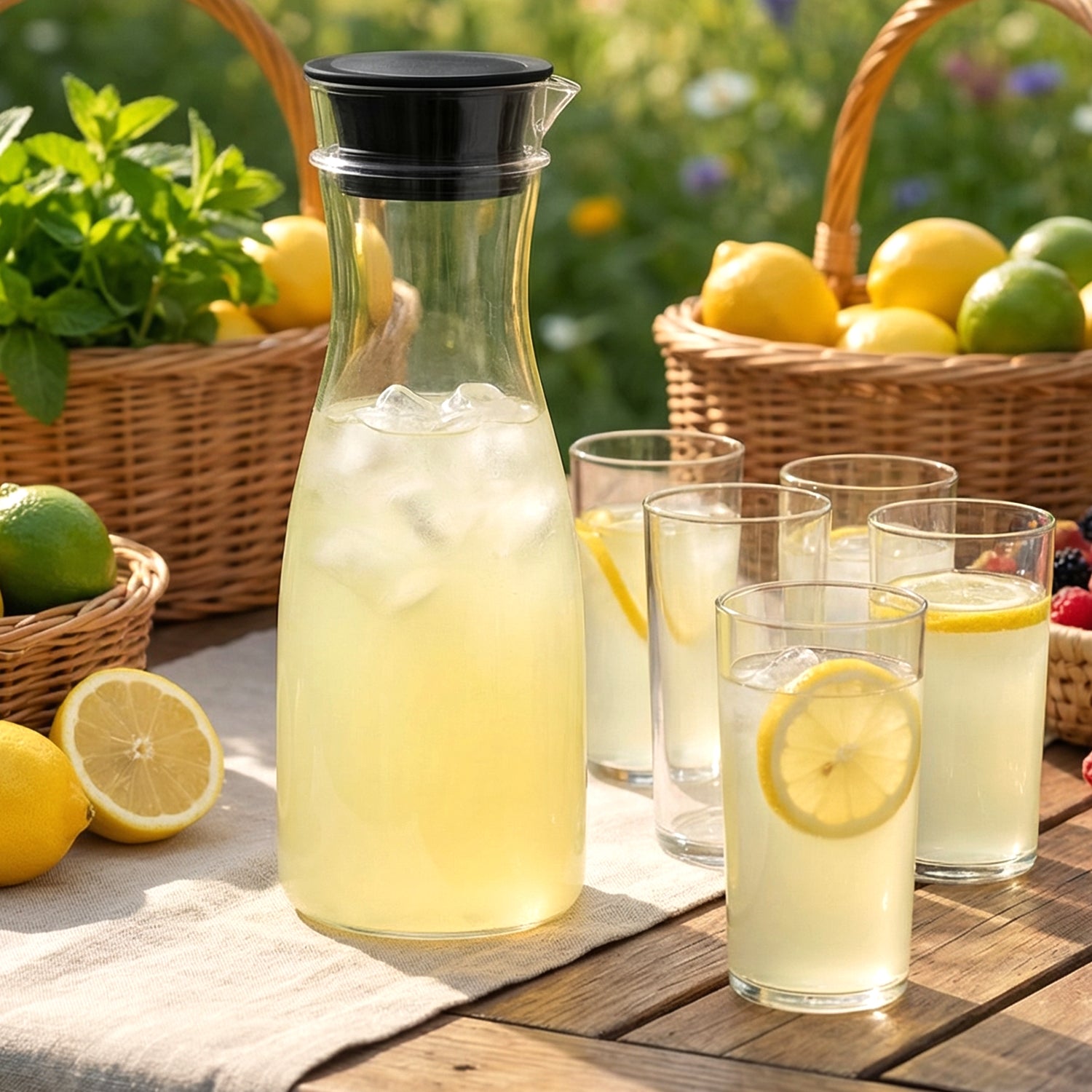 Wukusy Prexo plastic water jug (1000ml) with six 300ml drinking glasses set, clear and lightweight for daily use