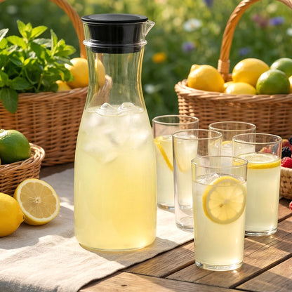 Wukusy Prexo plastic water jug (1000ml) with six 300ml drinking glasses set, clear and lightweight for daily use