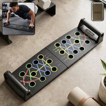 Wukusy multifunction foldable push-up board for home gym muscle training, showing the colorful workout equipment and instructional guide.