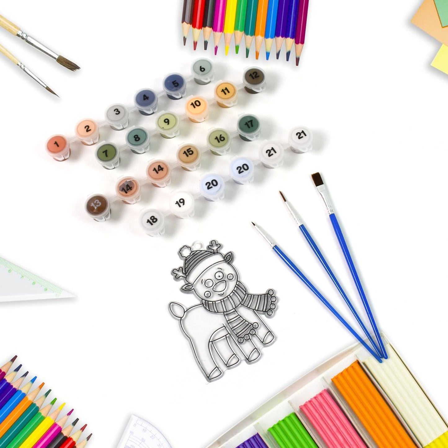 Wukusy Paint By Number Kits 2 set with 21 color numbers and 6 paint brushes, featuring colorful painting designs and numbered sections.