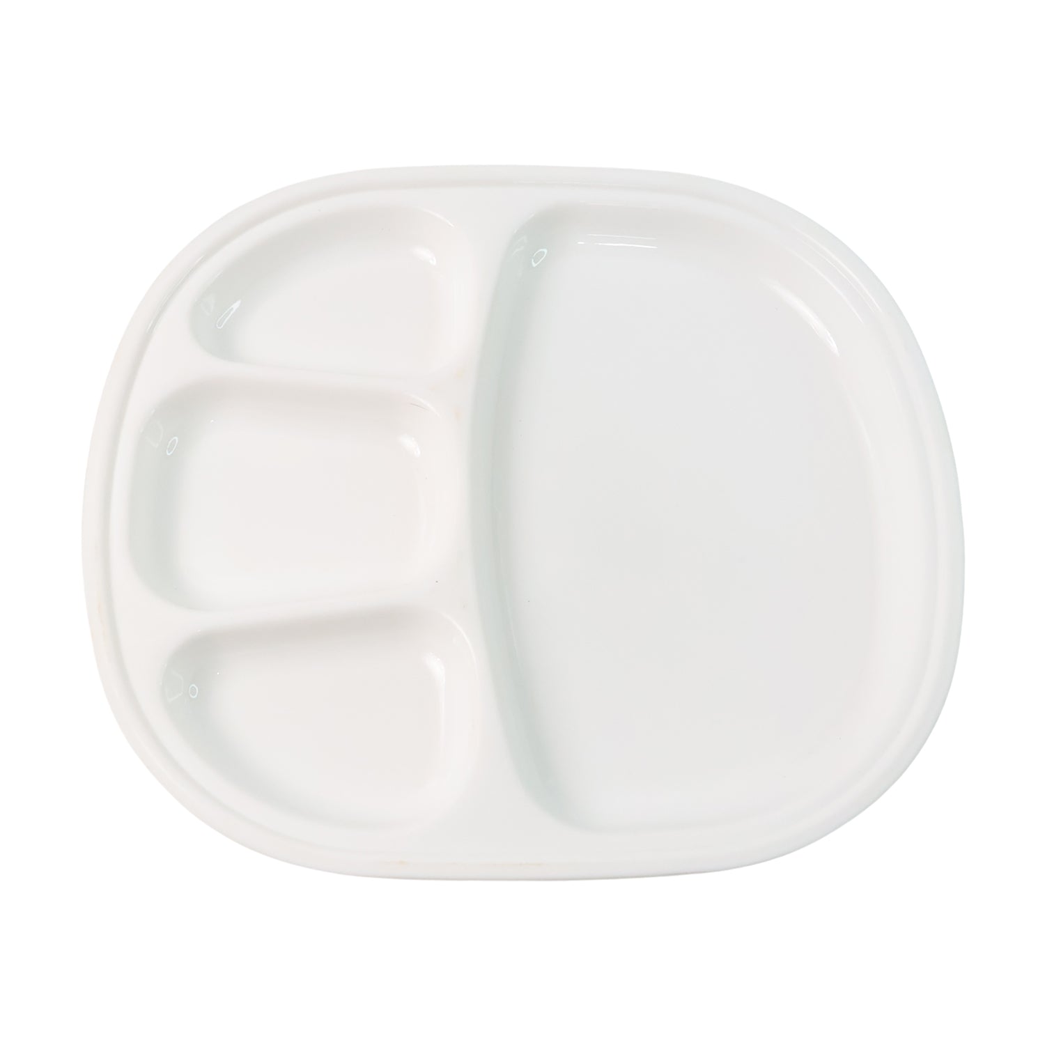 Large plastic dinner plate with four sectioned compartments, Wukusy brand, ideal for serving multiple food items.
