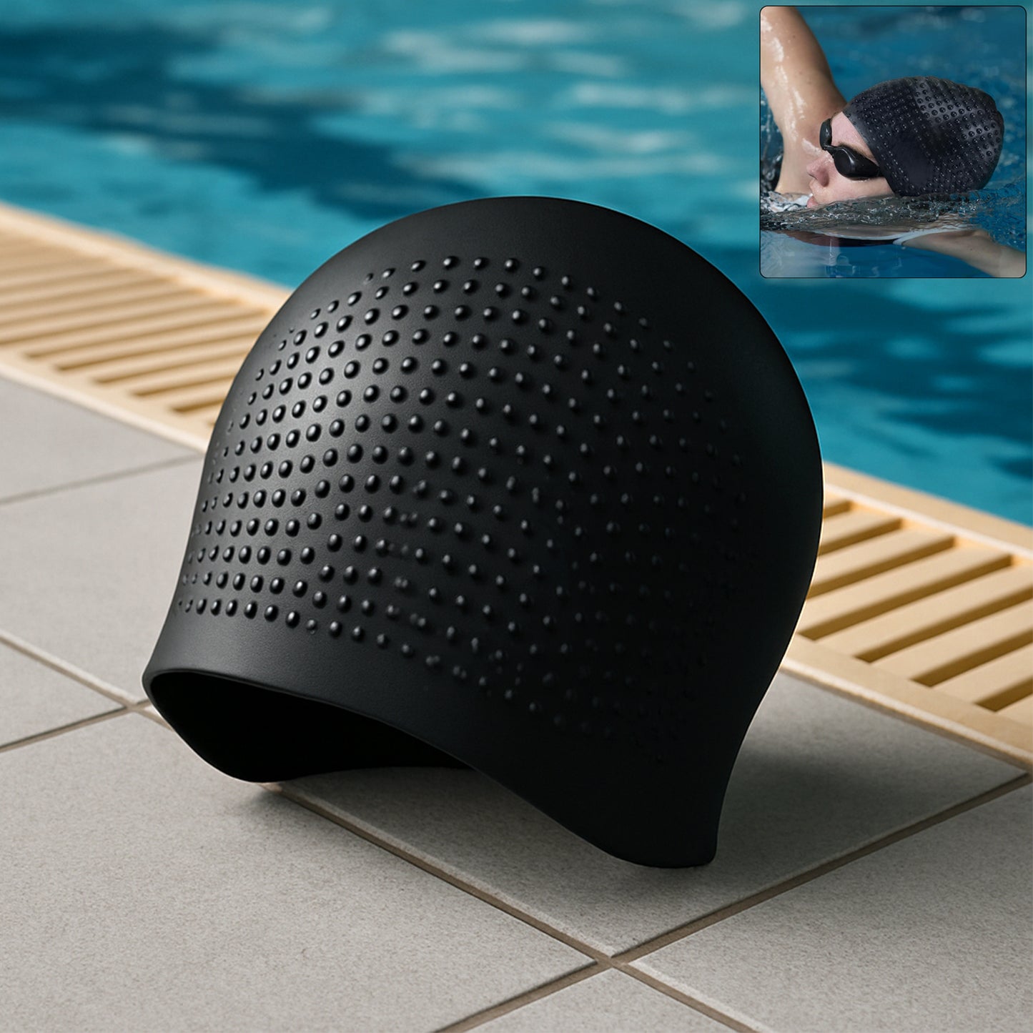 Wukusy premium silicone waterproof swimming cap for sports, shown in black, designed for comfortable, snug fit during swimming activities.
