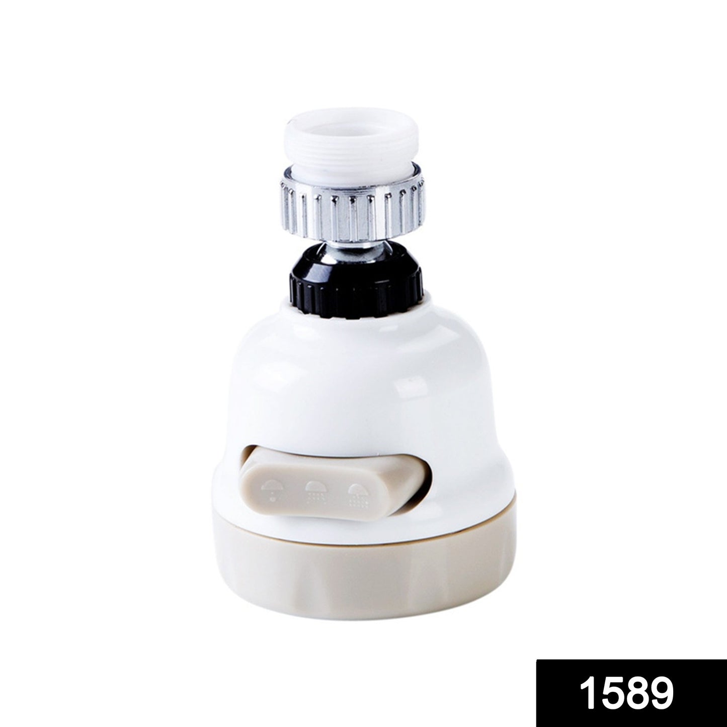 Wukusy 1589 rotatable splash-proof water-saving faucet sprayer with three modes and filter, attached to a kitchen sink faucet.