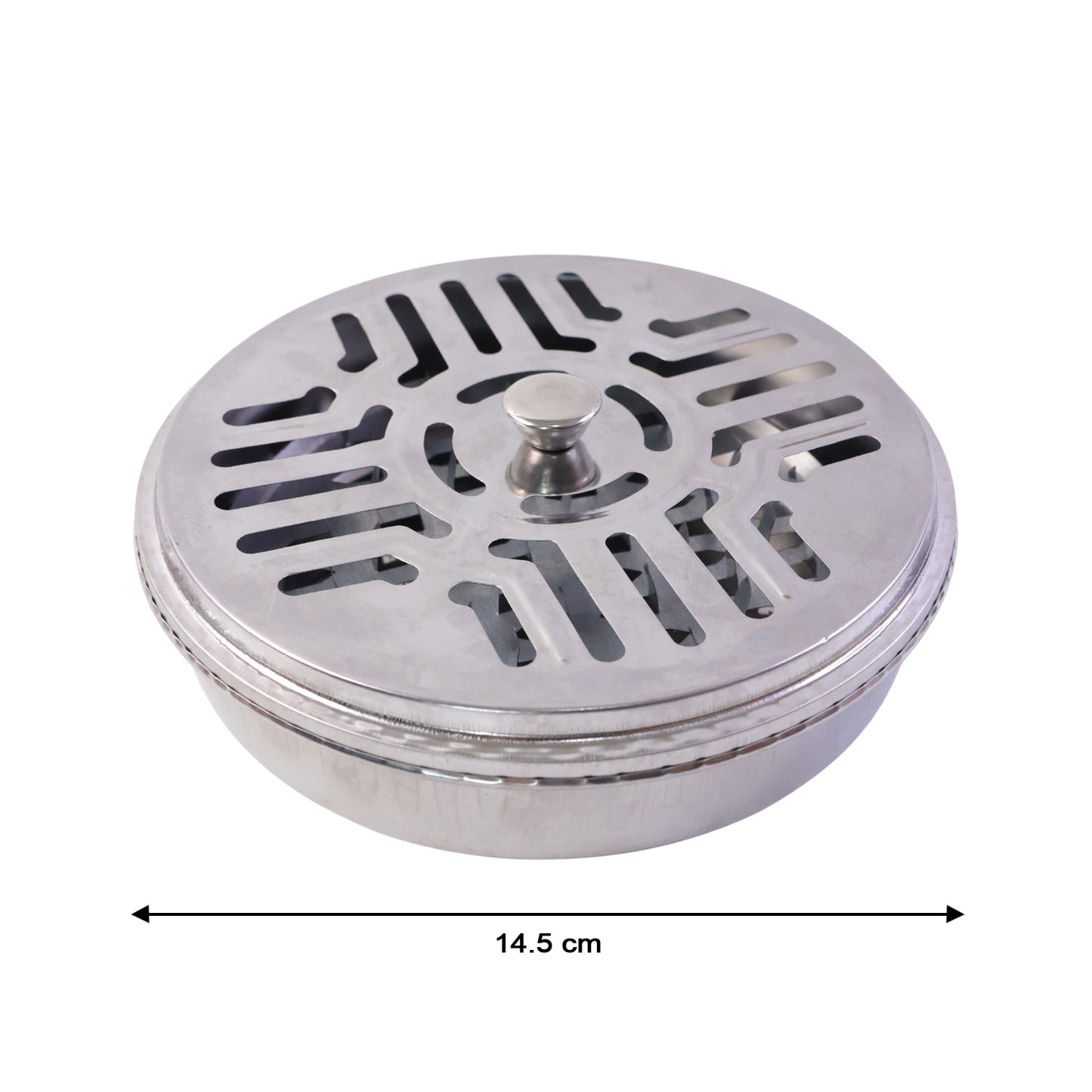 Wukusy stainless steel mosquito coil stand with smoke vent lid, holding a burning mosquito coil on a clean surface.