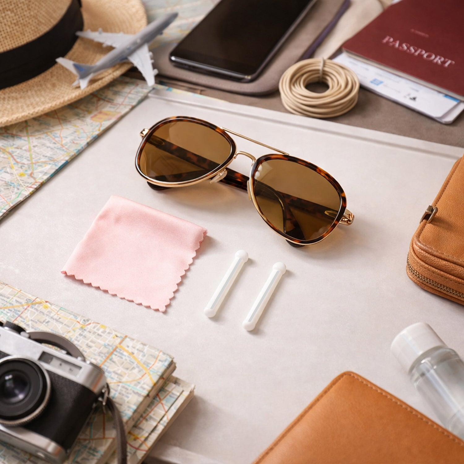 Wukusy travel sunglasses protection kit with cleaning cloth, case, and accessories for maintaining and storing sunglasses.