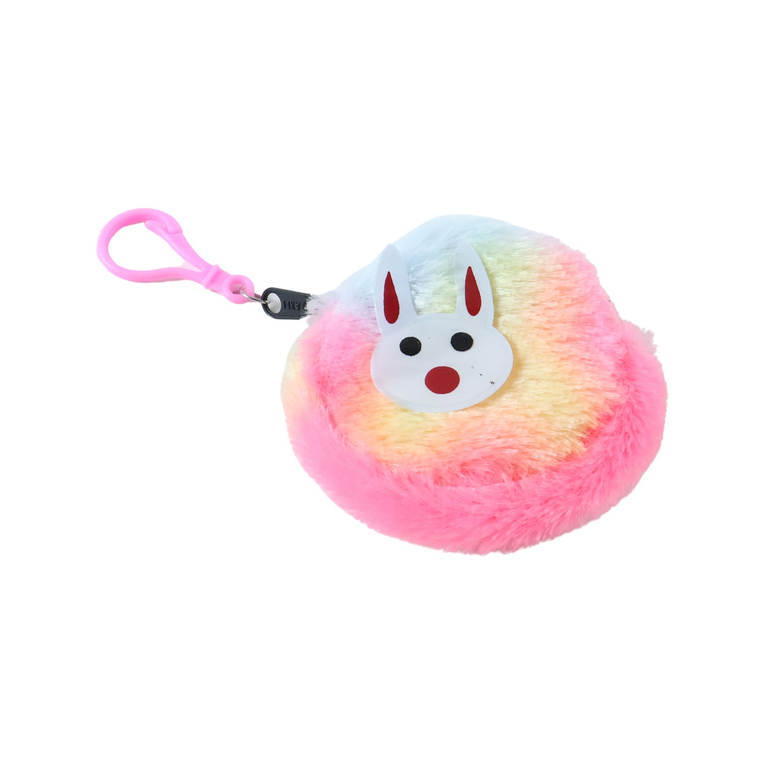 Wukusy cute bunny design rainbow fur mini coin purse with keychain, featuring colorful rainbow fur and adorable bunny face.