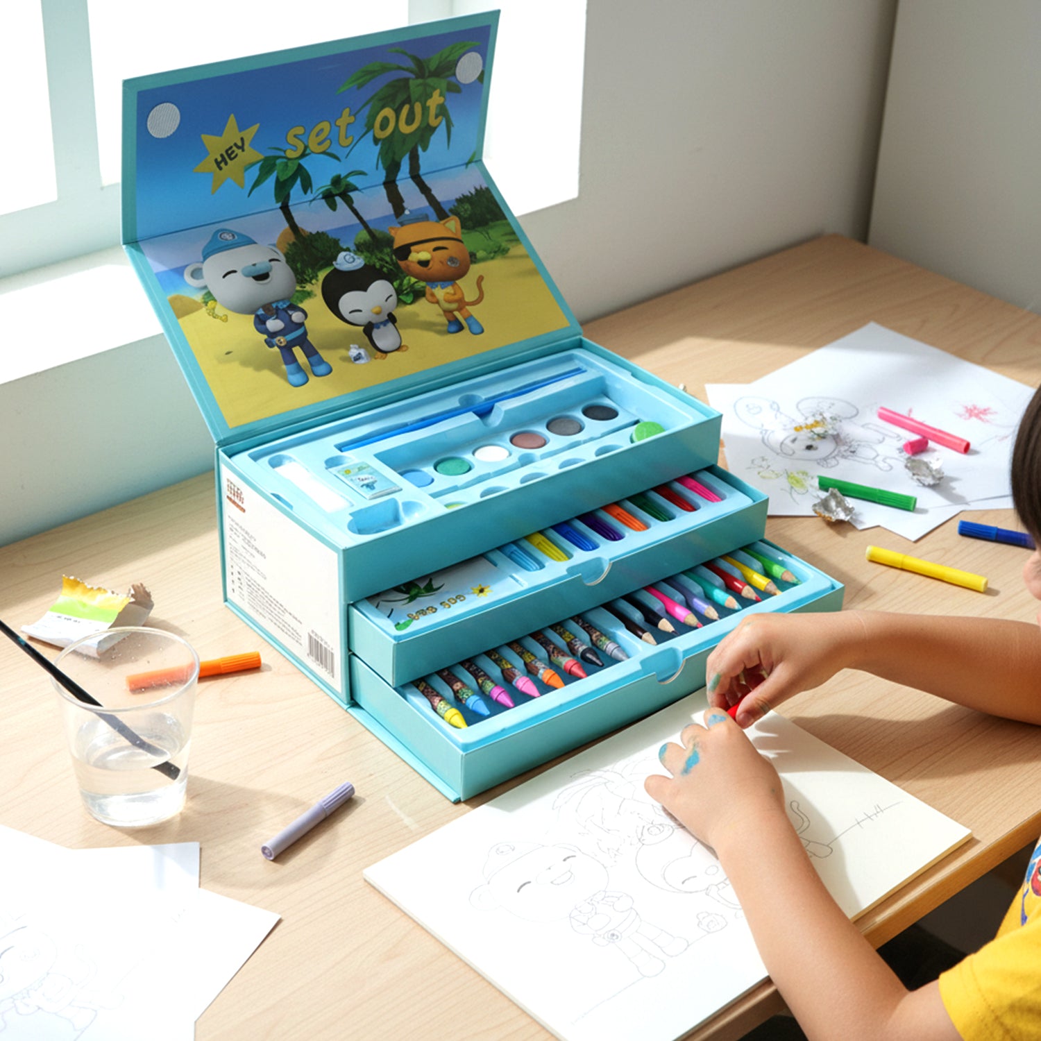 Wukusy drawing kit box for kids with colorful art tools and crayons, includes various coloring supplies and drawing accessories.