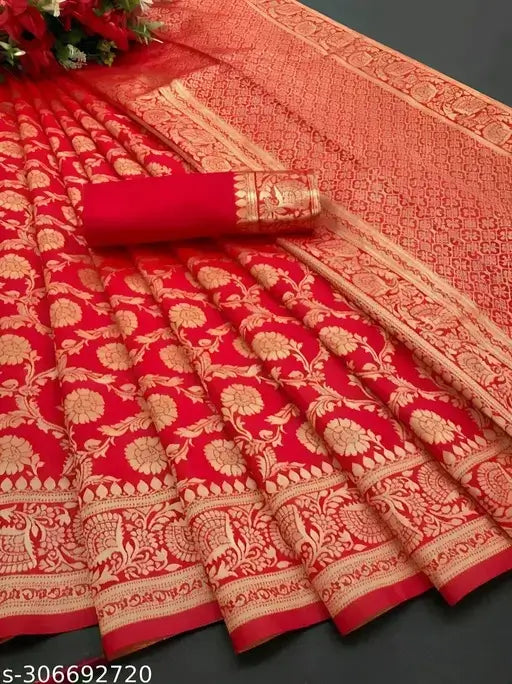 Elegant red bridal Banarasi silk saree for women from Ekom's Royal Banarasi Collection, showcasing intricate gold zari work.