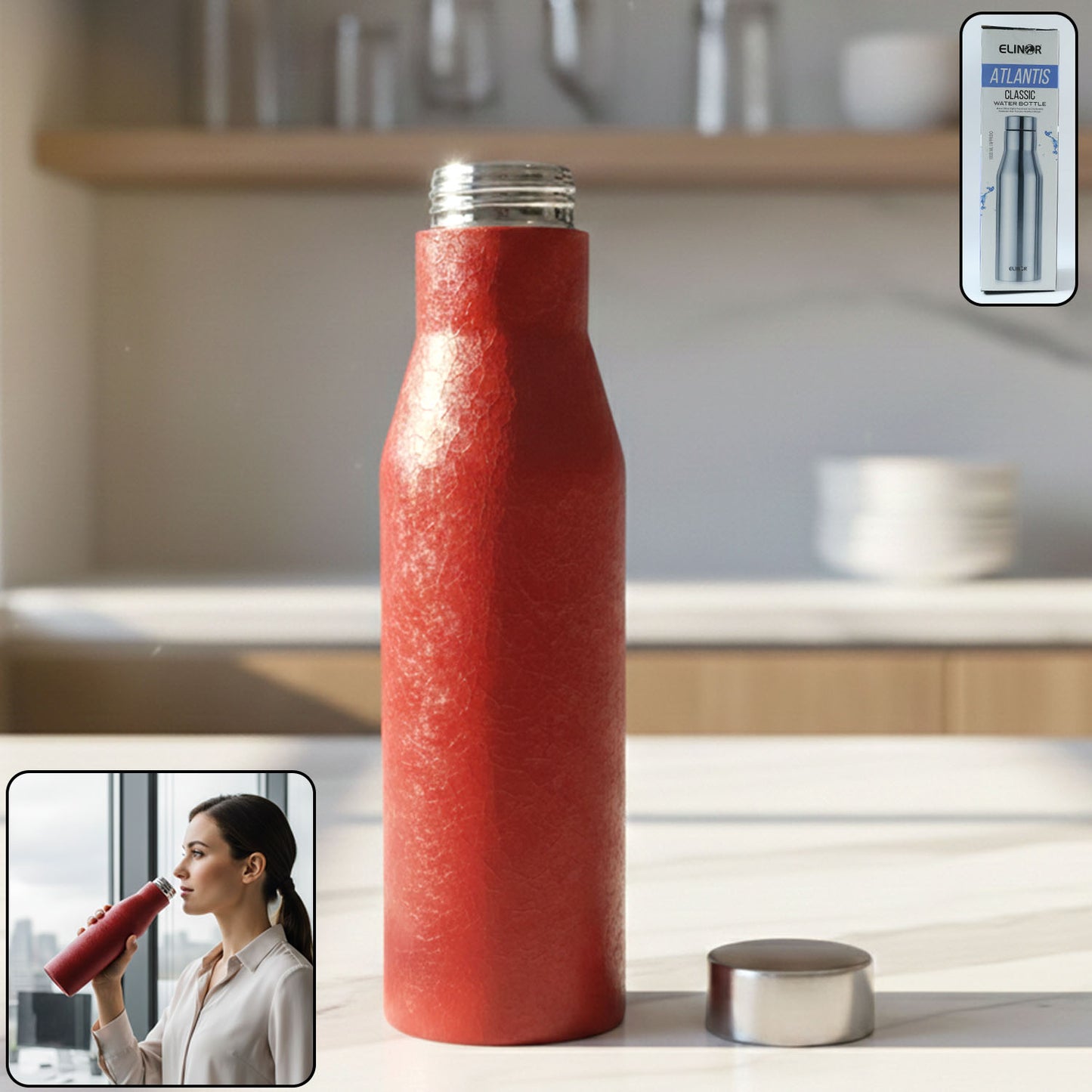 Red Wukusy stainless steel water bottle, 1000ml capacity, with a sleek design and secure lid for outdoor hydration.