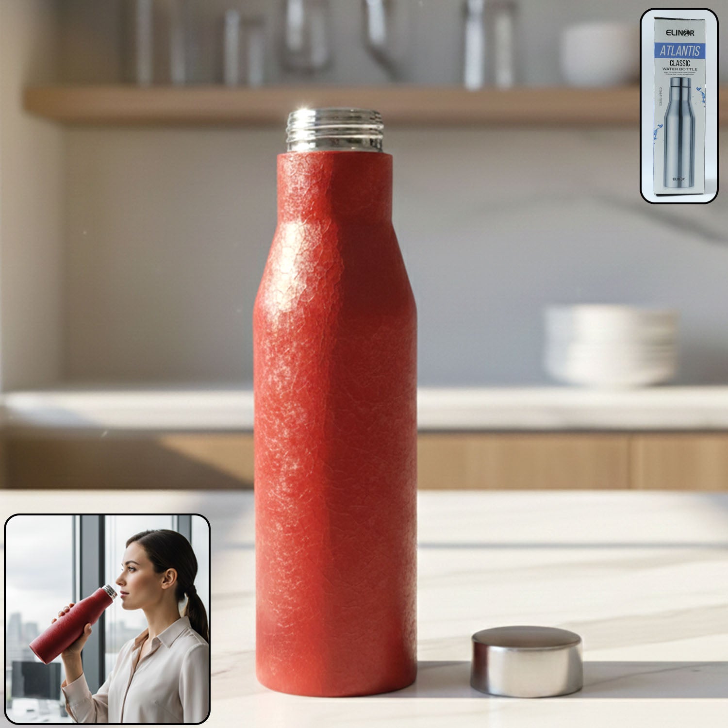 Red Wukusy stainless steel water bottle, 1000ml capacity, with a sleek design and secure lid for outdoor hydration.