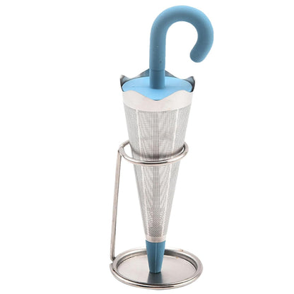 Wukusy reusable cute umbrella tea strainer with tray, standing on a kitchen countertop, ready for brewing tea.