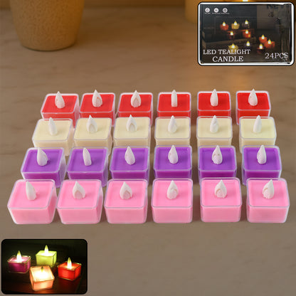 Set of 24 multi-color LED tealight candles for home decor, featuring realistic flickering light and compact design by Wukusy.