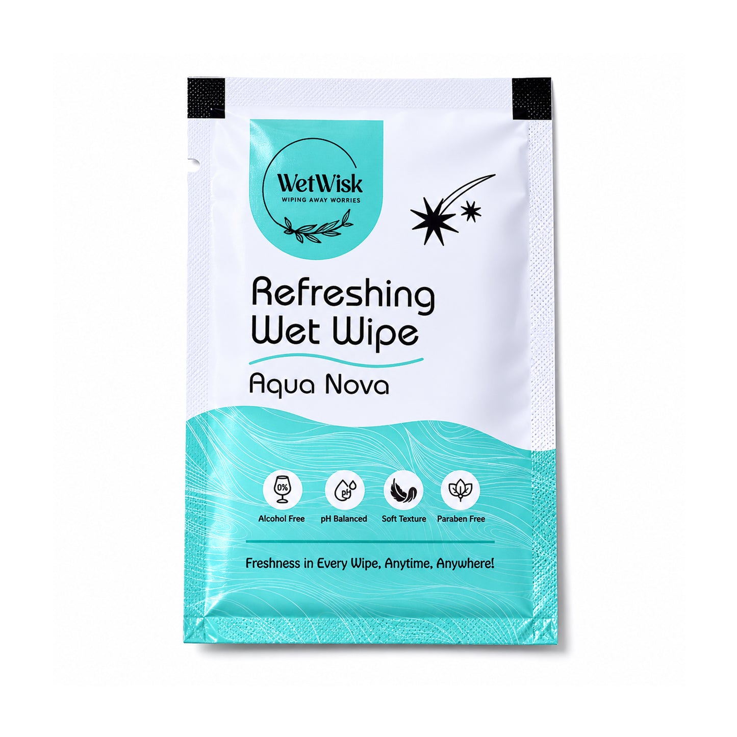 Wukusy Aqua Nova refreshing wet wipe for face, hands, and body, showing a single moist cleansing wipe on a white background.