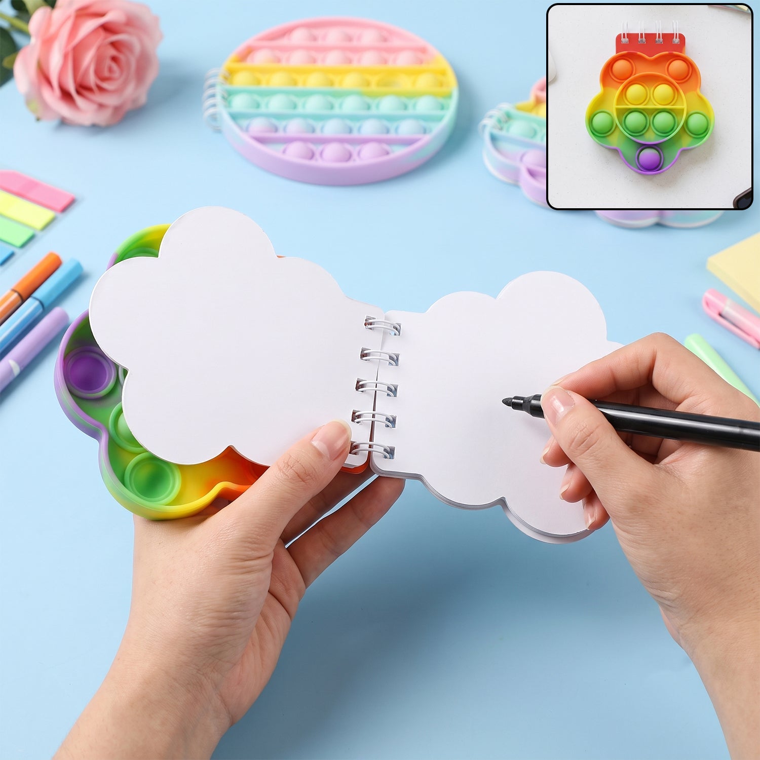 Colorful rainbow push bubble pop fidget diary by Wukusy, silicone notebook with bubble pop features for kids.