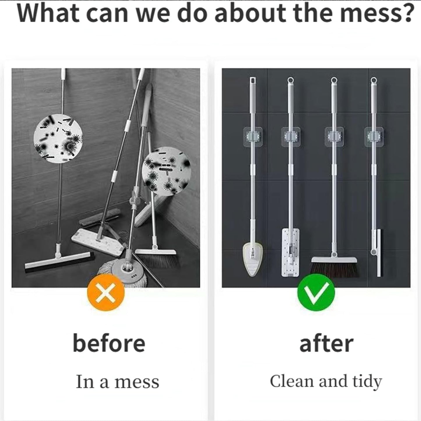 Wukusy self-adhesive mop and broom holder clips set showing six durable wall-mounted clips for organizing cleaning tools.