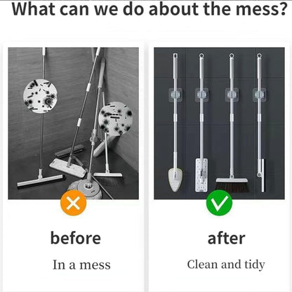 Wukusy self-adhesive mop and broom holder clips set showing six durable wall-mounted clips for organizing cleaning tools.