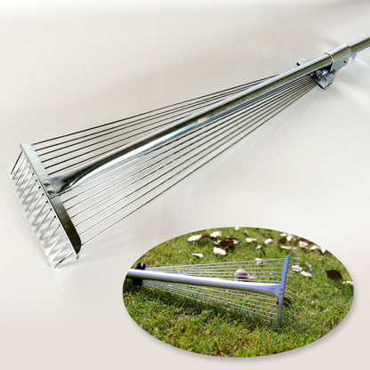 Wukusy stainless steel telescopic garden rake with long handle, adjustable claws, ideal for lawn and yard leaf cleanup.