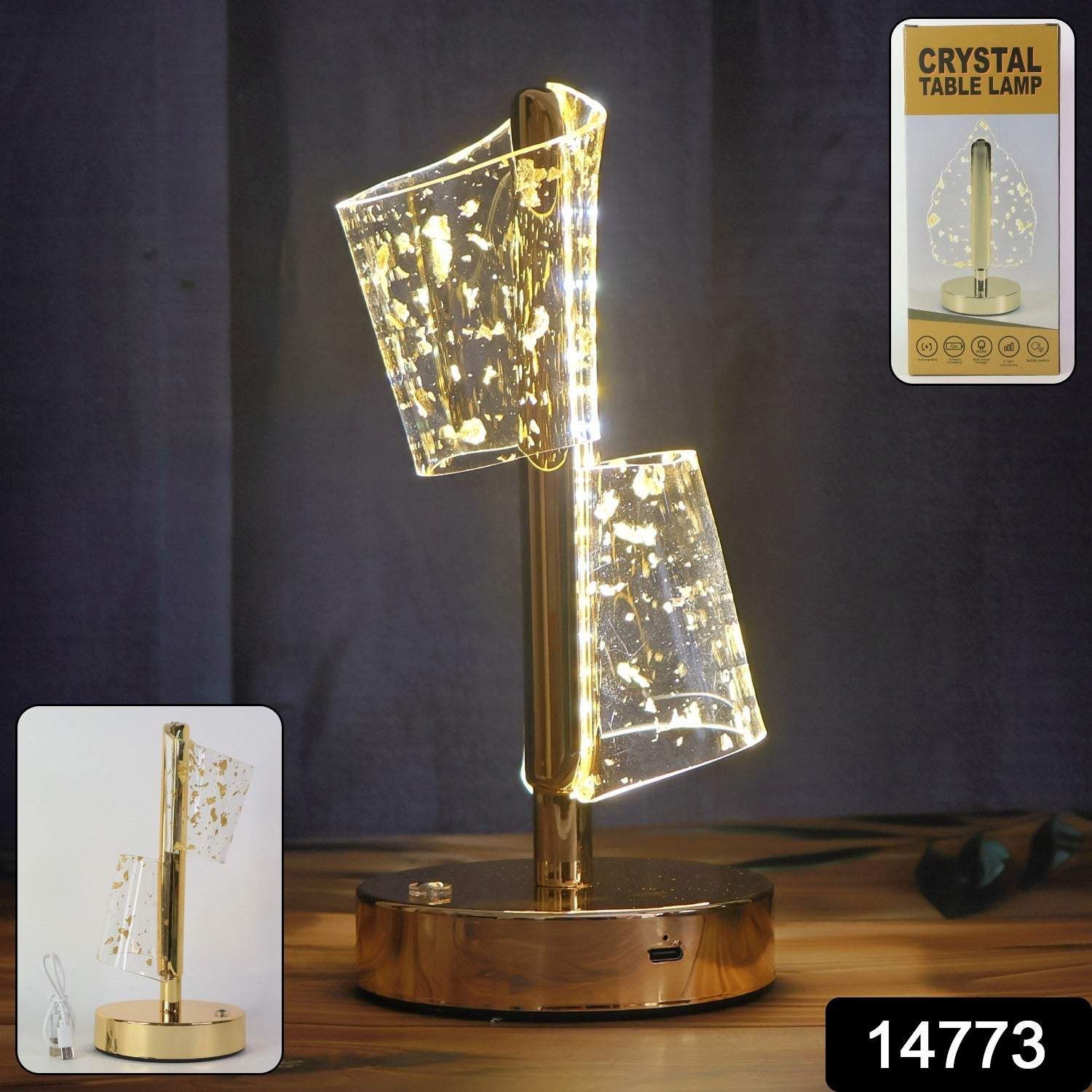 Luxury Wukusy golden crystal LED double shade table lamp for elegant home decor, featuring a shimmering crystal design.