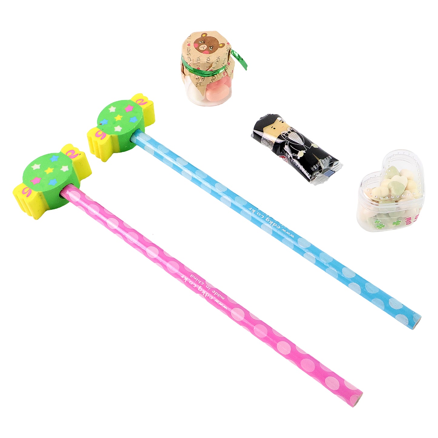 Wukusy fun candy design office pencil set with colorful pencils and accessories, featuring playful mixed candy-themed patterns.